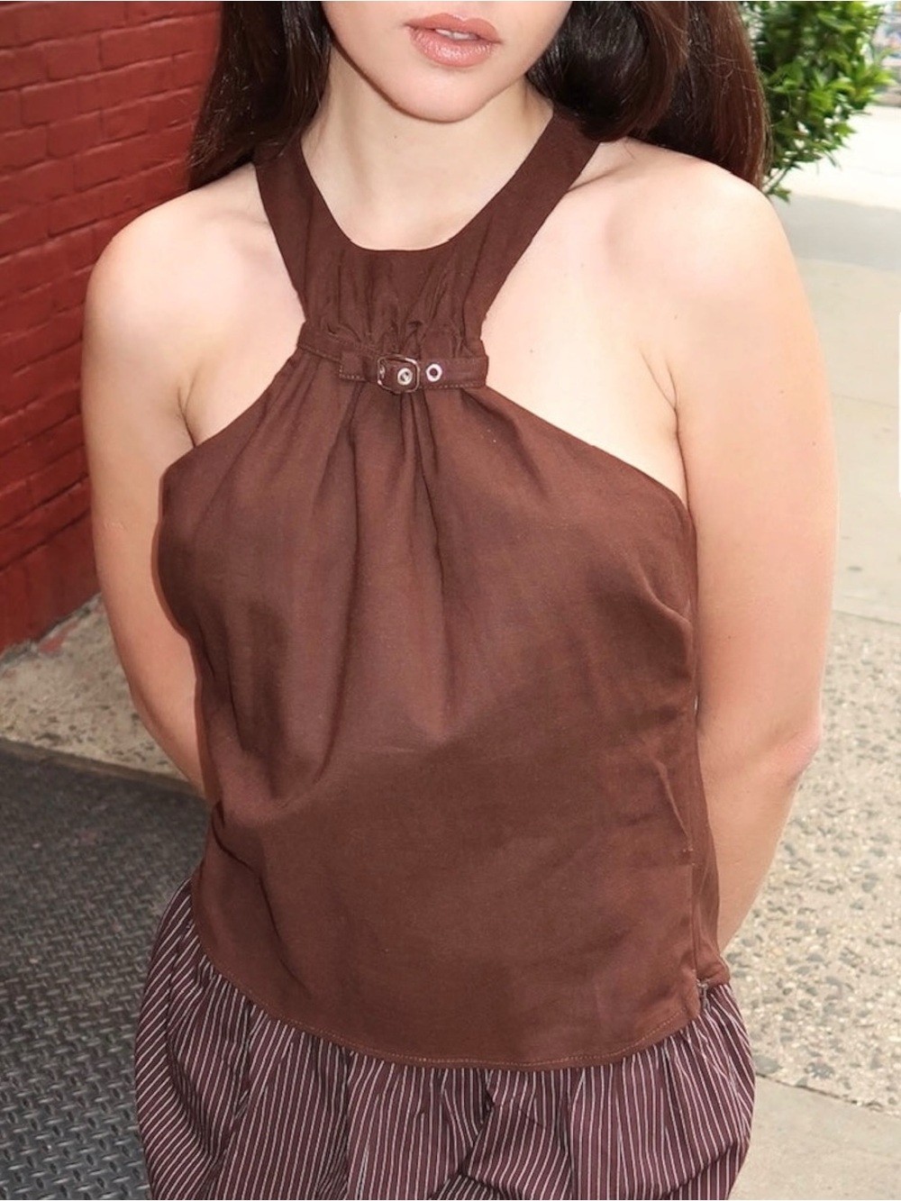 ISALIS Kiana Buckle Halter Top in Choco - Chocolate Brown Linen Blend Top sz S